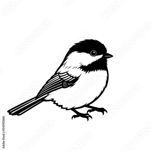 A black and white illustration of a chickadee bird perched on its feet with a white background space