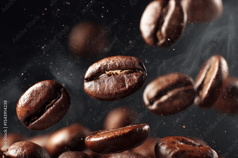 Roasted coffee beans levitate against a dark background, steam and coffee grounds suspended in the air Roasted coffee beans levitate against a dark background, steam and coffee grounds suspended in the air