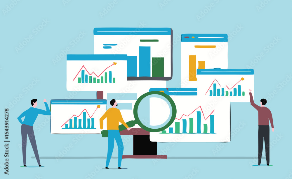 Data Analytics and Market Research Concept with Magnifying Glass and Business Charts – Financial Report Analysis, Performance Metrics, and Insight Visualization. Data Analytics and Market Research Concept with Magnifying Glass and Business Charts – Financial Report Analysis, Performance Metrics, and Insight Visualization.
