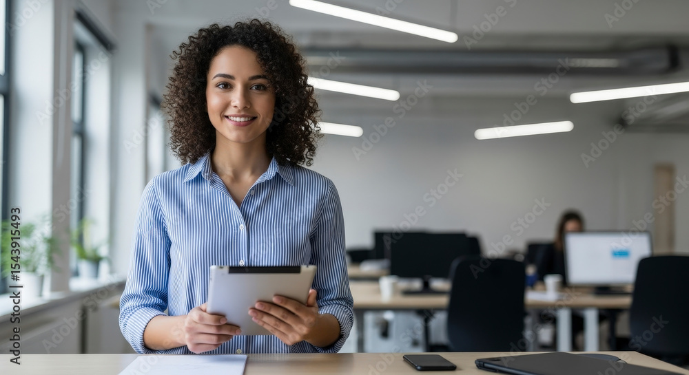 Young Businesswoman Holds a Tablet Device Smiling in Bright Office Interior with Desks Window and Employee Working at Computer in Background Young Businesswoman Holds a Tablet Device Smiling in Bright Office Interior with Desks Window and Employee Working at Computer in Background