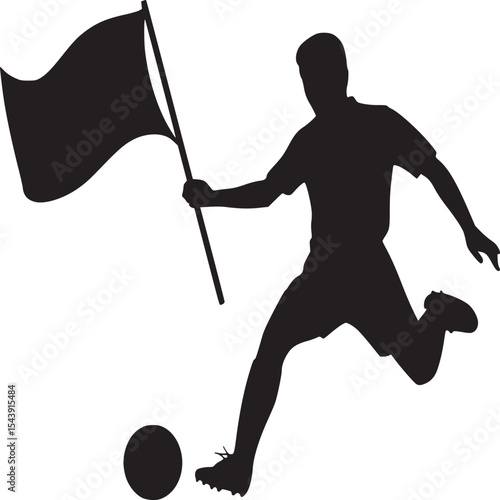 Silhouette of soccer player kicking ball while holding flag in black and white illustration style image
