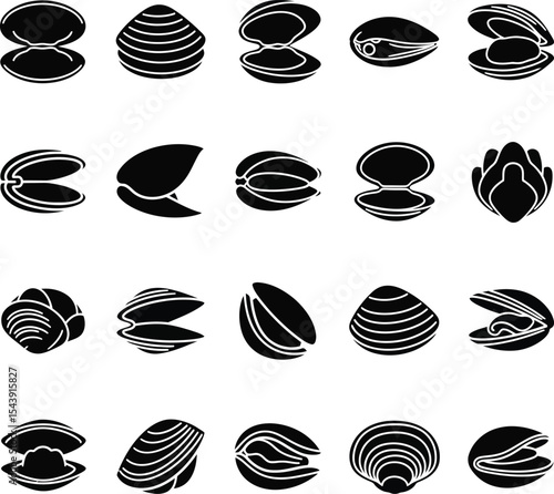Collection of black and white clam shell icons