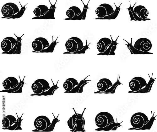 Collection of black snail silhouettes in various poses