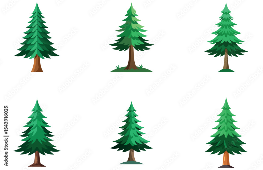 Obraz premium Pine Trees Vector Designs Set Minimal Flat Evergreen Forest Illustrations