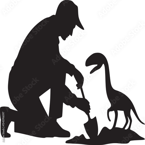 Silhouette of man digging with shovel next to dinosaur in black and white graphic design style image