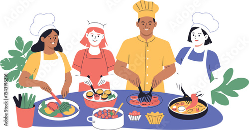 Group of diverse people cooking together wearing chef hats and aprons indoors