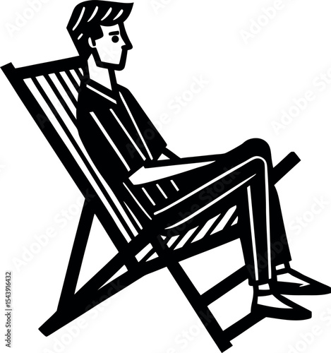 Man Sitting On Beach Chair Vector Silhouette On White Background