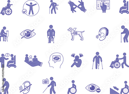 Colored Disability Icon Set. Vector Illustrations Wheelchair, Crutches, Blindness, Deafness, Sign Language, Inclusion, Speech Impairment, Mental Illness, Ramp, Hearing Aid, and More