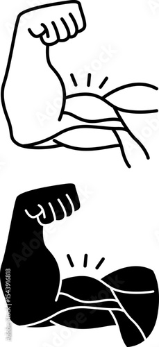 Muscle Icons. Black and White Vector Illustration. Human Body Organ Consisting of Tissue and Capable of Contraction. Strong Arm, Biceps. Concept Anatomy