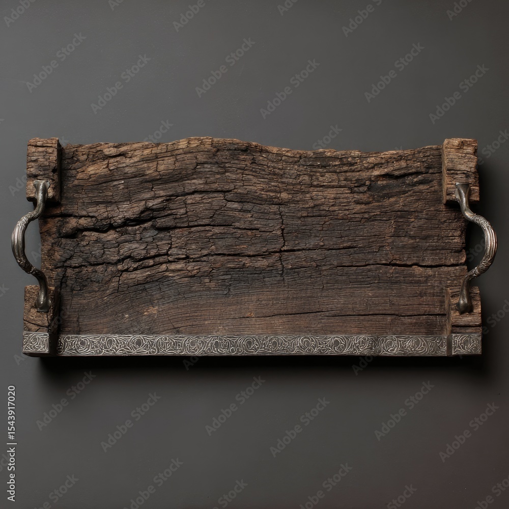 Fototapeta premium Rustic rectangular wooden tray with dark gray metal accents and handles, showing significant wood grain and texture