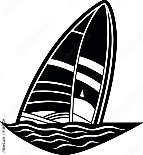 Windsurfing Board On Sea Vector Silhouette On White Background