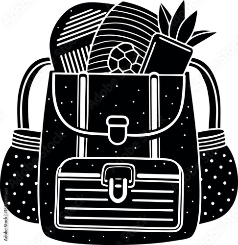 Backpack With Summer Gear Vector Silhouette On White Background