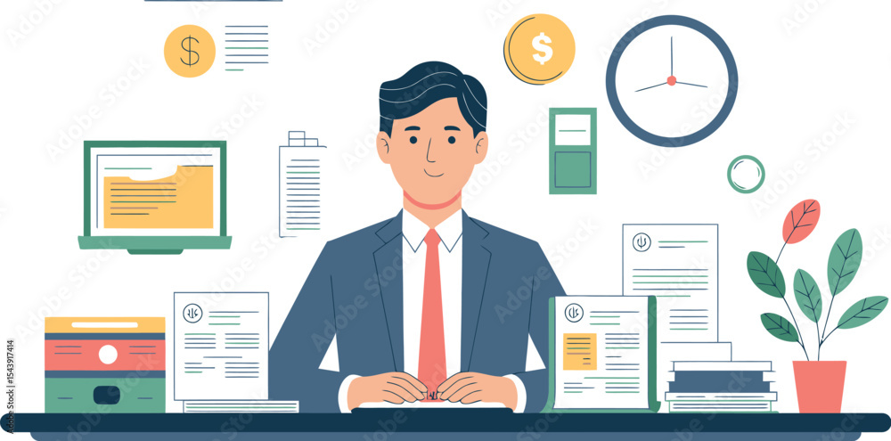 Illustration of a businessman at his desk with paperwork and computer screen Illustration of a businessman at his desk with paperwork and computer screen