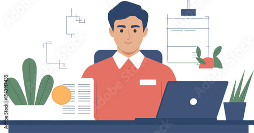 Illustration of a man sitting at a desk with a laptop and office supplies