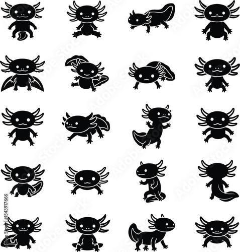 Collection of cute axolotl silhouettes in various poses
