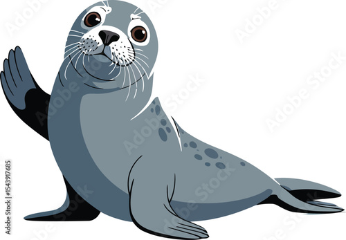 A cartoon seal waving its flipper with a light blue background and white floor