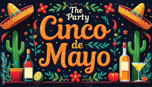Festive Cinco de Mayo Party Illustration with Sombreros Cacti and Drinks