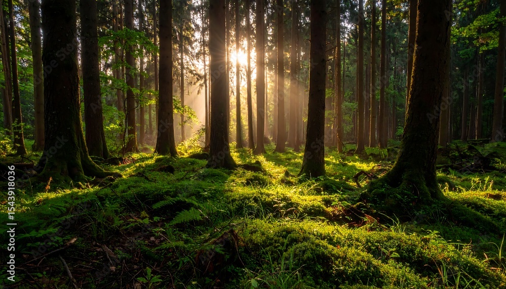 Fototapeta premium Sunbeams in misty green forest.