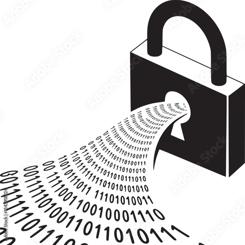 A black padlock with binary code flowing from the keyhole on a white background in a simple style