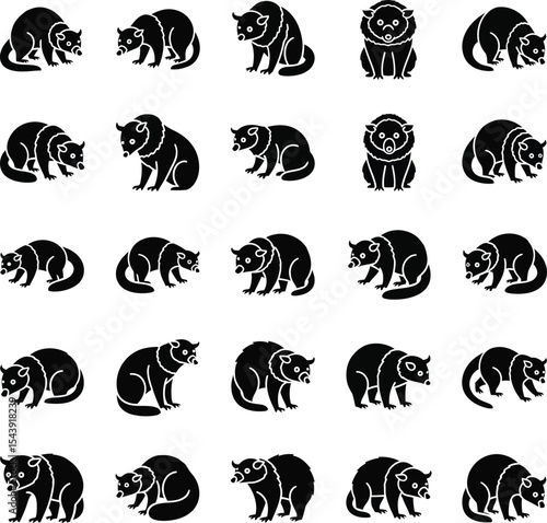 Kinkajou animal icon set black silhouette