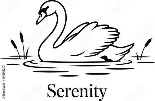A simple black and white line drawing of a swan swimming in the water art