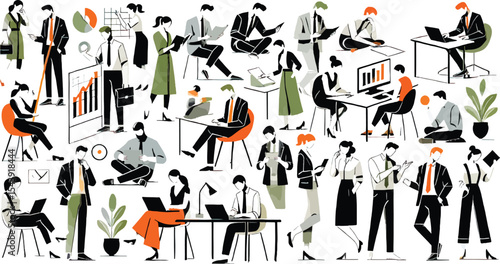 Vector illustration depicting office workers engaged in business activities in a modern setting