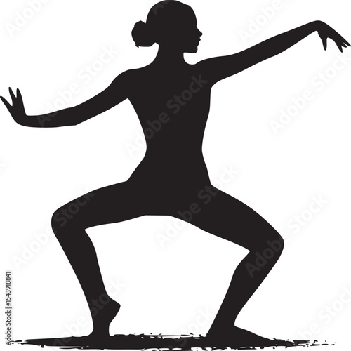 Silhouette of a woman in a yoga pose with arms extended and legs bent on a gray background design