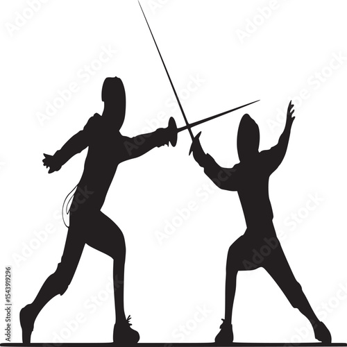 Silhouette of two fencers in action with swords raised and poised to strike on a white background art