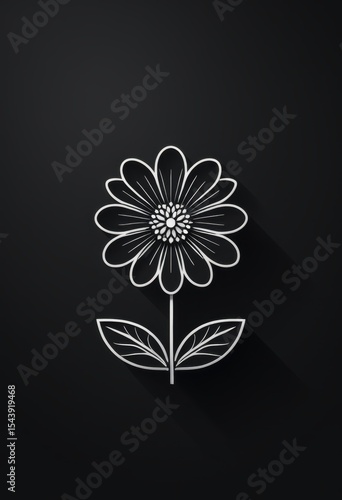 A white flower with leaves on a black background