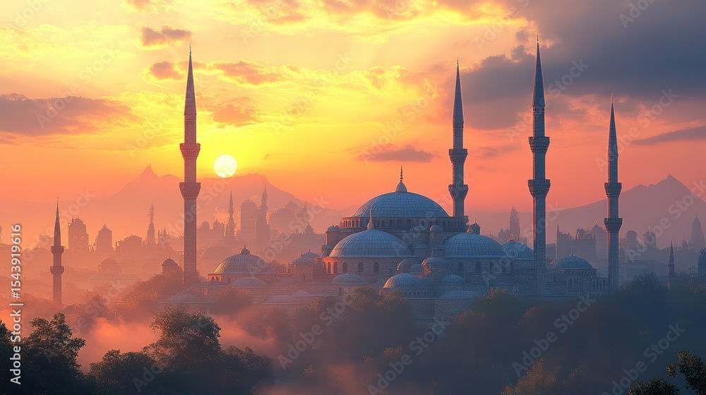 Obraz premium Sunrise over Istanbul Mosques, Majestic Golden Hour