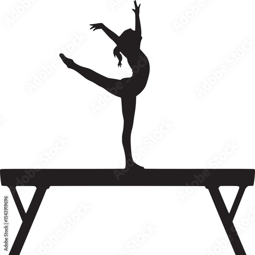 Silhouette of gymnast performing balance beam routine with arms raised and leg extended upwards in monochrome