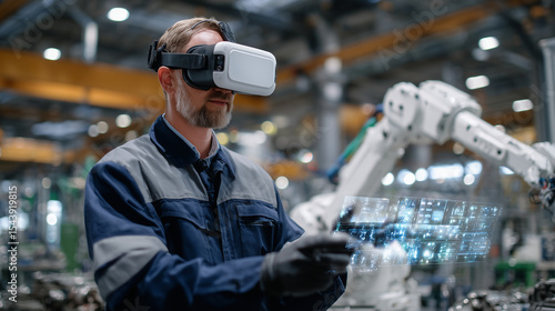 Technician using VR headset to program robotic arm movements in a digital twin simulation of a manufacturing plant, immersive holographic controls and robotic models floating midai