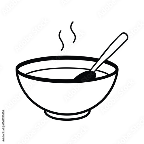 Miso soup bowl with spoon illustrated in graceful thin outline design Vector illustration