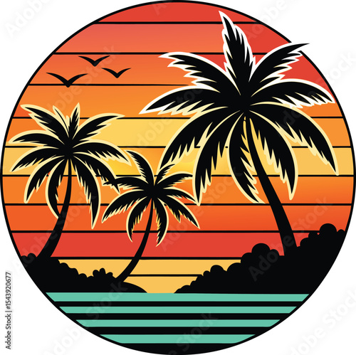  Retro sunset with palm tree silhouettes