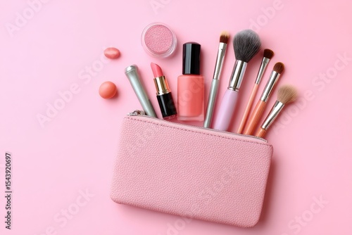 Pink cosmetic bag overflowing with makeup brushes, lipstick, nail polish, and blush on a pink background