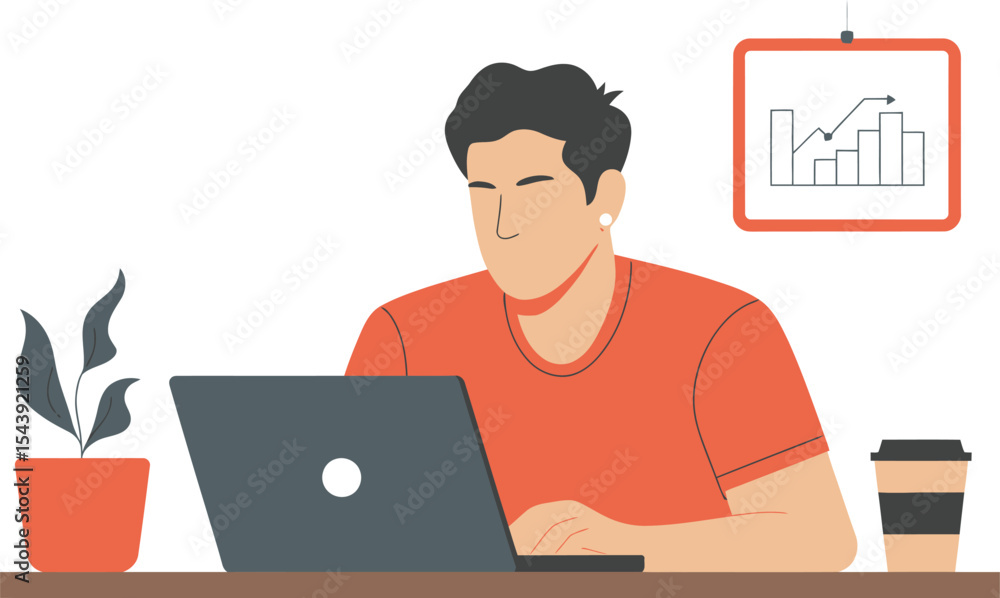 Man working on laptop with coffee and plant with chart in background vector Man working on laptop with coffee and plant with chart in background vector