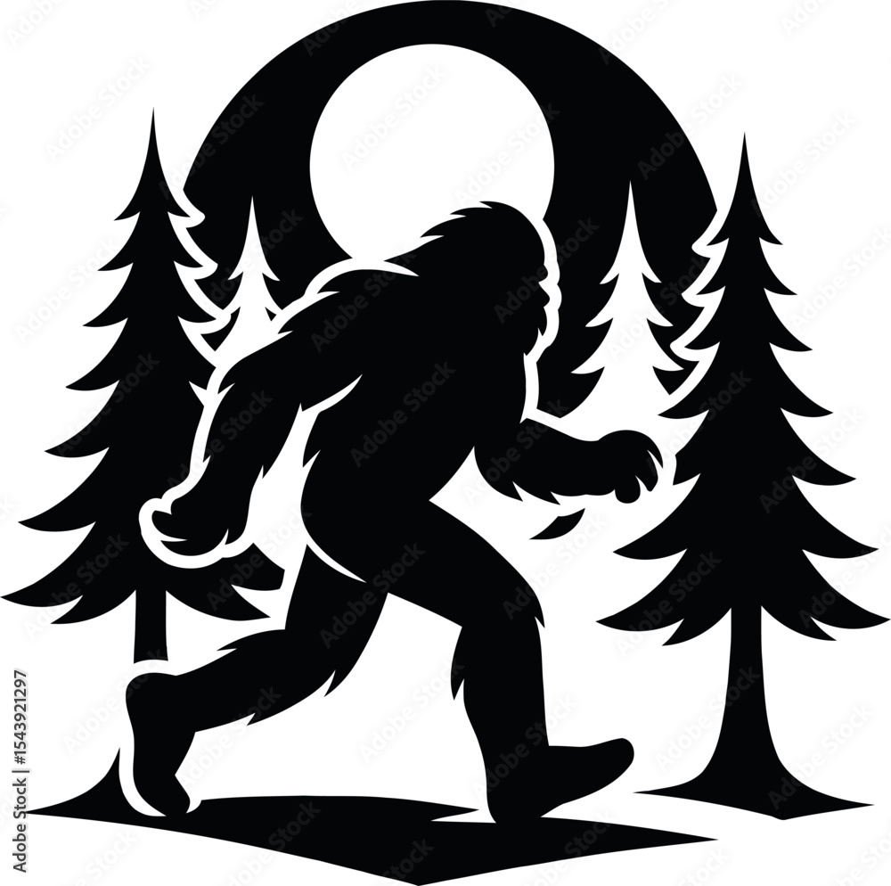 Fototapeta premium Bigfoot Silhouette in Forest with Moon