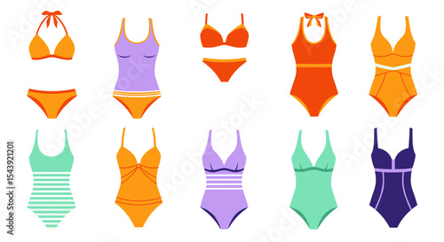 Collection of colorful swimwear designs in various styles and patterns  