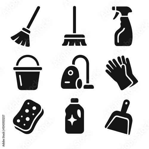  Cleaning tools icon set in solid black style showing mop, broom, spray bottle, bucket, vacuum, gloves, sponge, detergent, and dustpan.