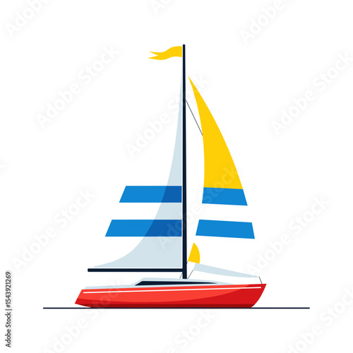 Sailboat with colorful sails in minimal flat design style  