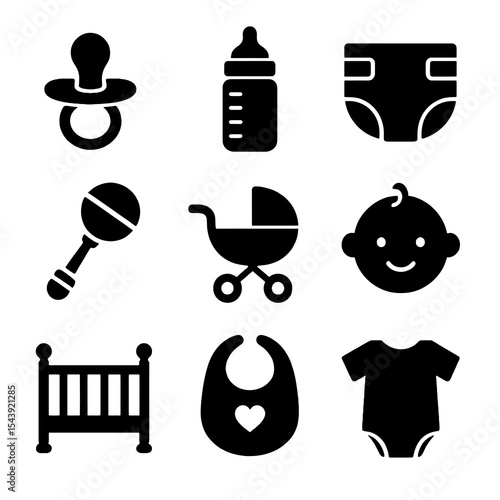 Solid black baby care icons including pacifier, bottle, diaper, rattle, stroller, baby face, crib, bib, and onesie.