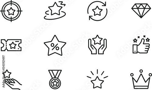 Collection of black and white outline icons related to rewards and achievements