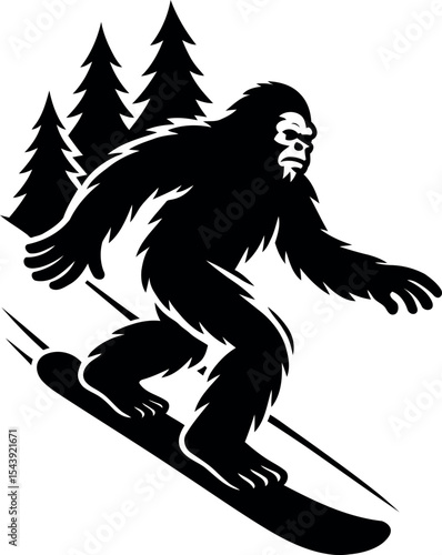 Bigfoot snowboarding downhill with trees behind