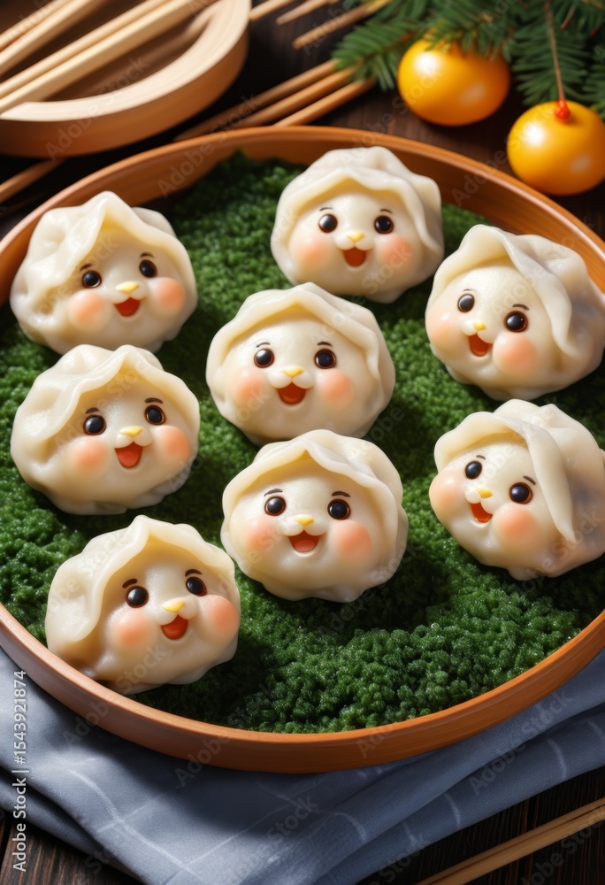 Fototapeta premium A close-up of a plate of dumplings with a face on it