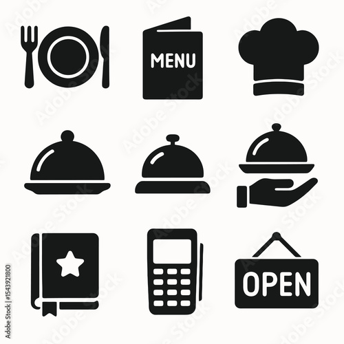 Restaurant icon pack with chef, menu, dish, payment, and open sign symbols. Ideal for food services, cafés, and hospitality businesses.
