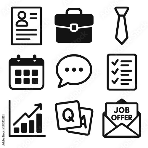 Outline business icons for career and recruitment, including resume, interview, QA, and job offer. Ideal for HR, websites, and hiring platforms.