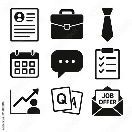 Solid style career icons including resume, briefcase, graph, QA, and job offer. Designed for HR tools, websites, and corporate materials.