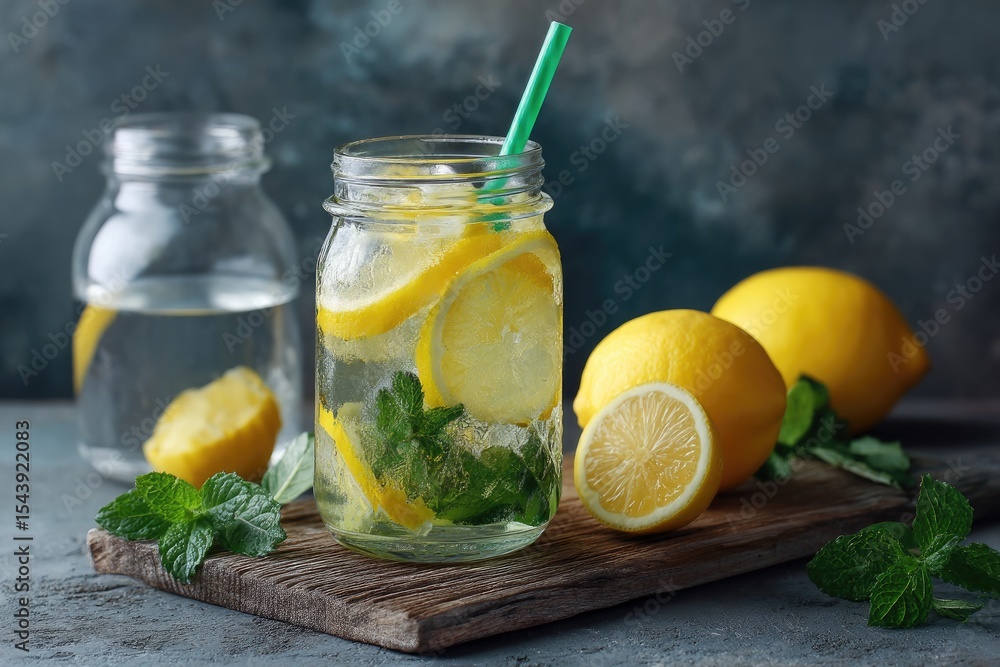 Refreshing lemonade in a mason jar with ice, lemon slices, and mint sprigs, alongside whole lemons and a separate water pitcher on a rustic wooden board Refreshing lemonade in a mason jar with ice, lemon slices, and mint sprigs, alongside whole lemons and a separate water pitcher on a rustic wooden board