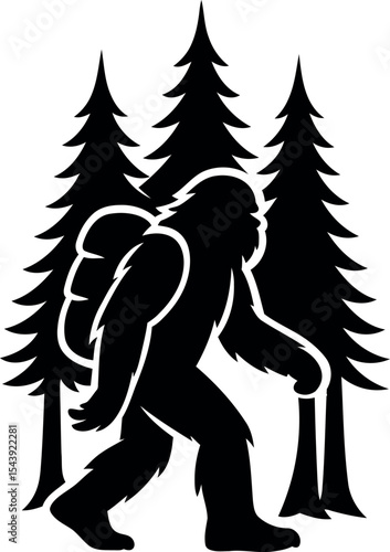 Bigfoot is hiking through tall trees