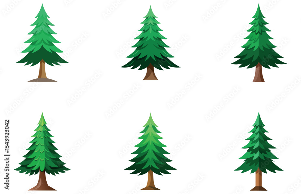 Obraz premium Pine Trees Vector Designs Set Minimal Flat Evergreen Forest Tree Illustrations